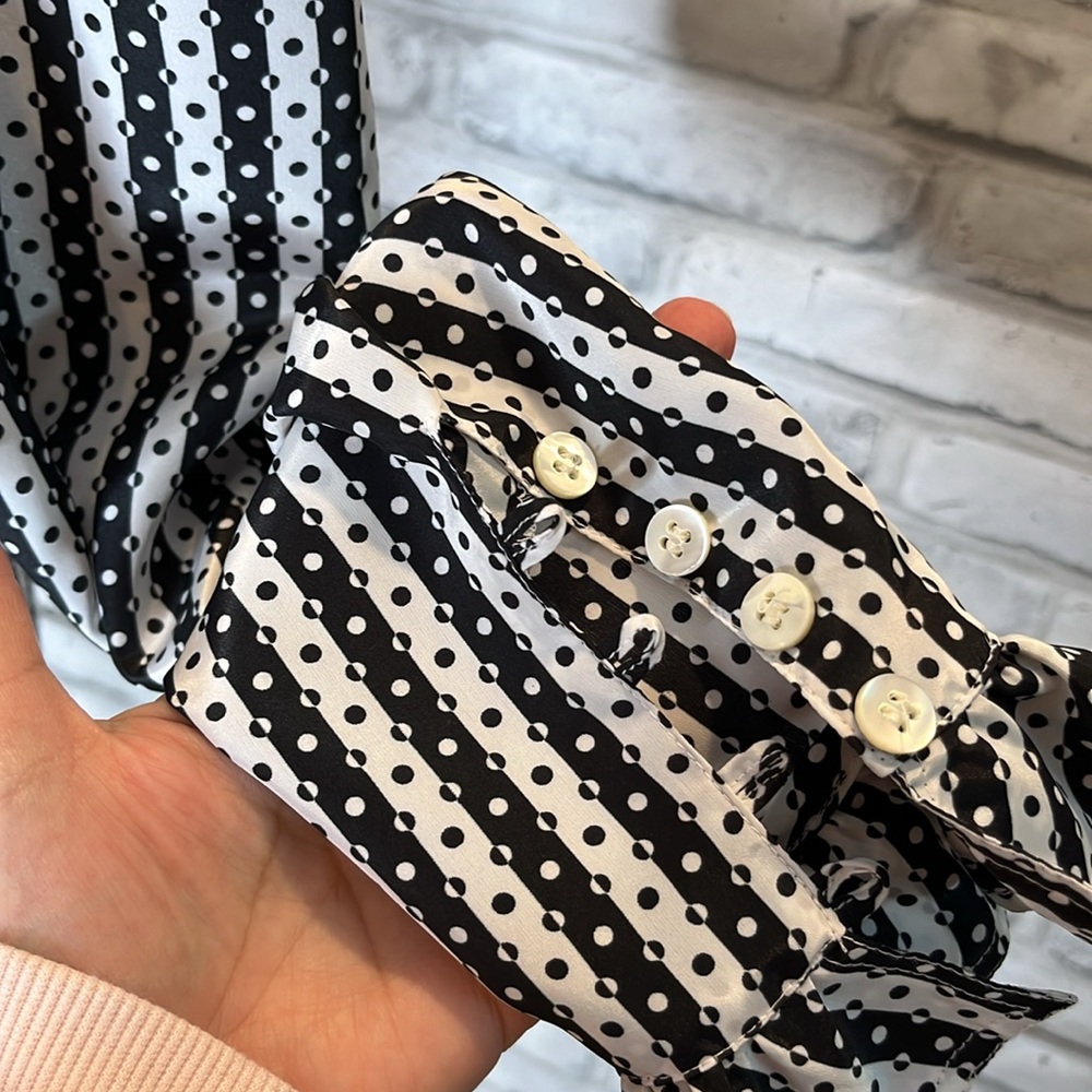 Evan Picone retro blouse black white polka dot stripe ruffle collar long sleeve - Picture 3 of 11